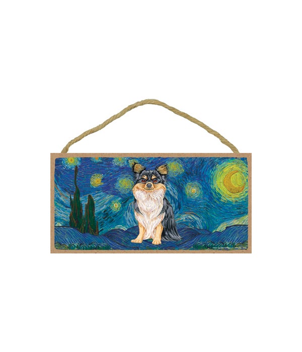 Van Gogh's Starry Night style - Chihuahua (Long haired, black and tan) 5x10 sign
