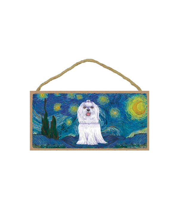 Van Gogh's Starry Night style - Maltese (with bow in hair) 5x10 sign