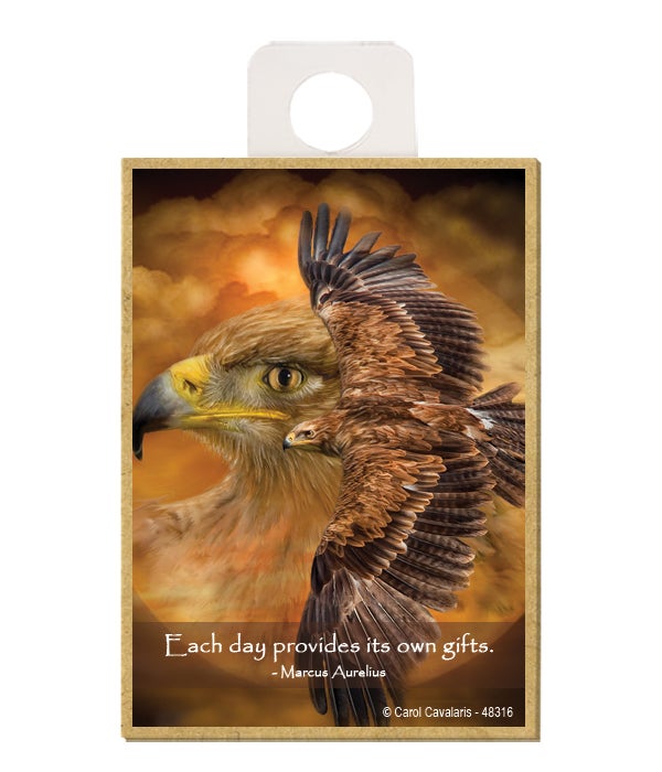 Falcon  Each day provides its own gifts.  Marcus Aurelius Wood magnet