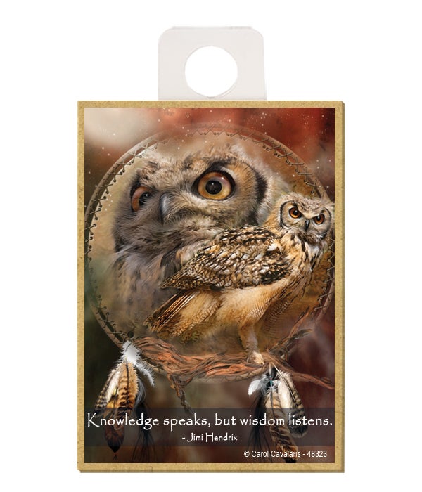 Owl  Knowledge speaks, but wisdom listens.  Jimi Hendrix Wood magnet
