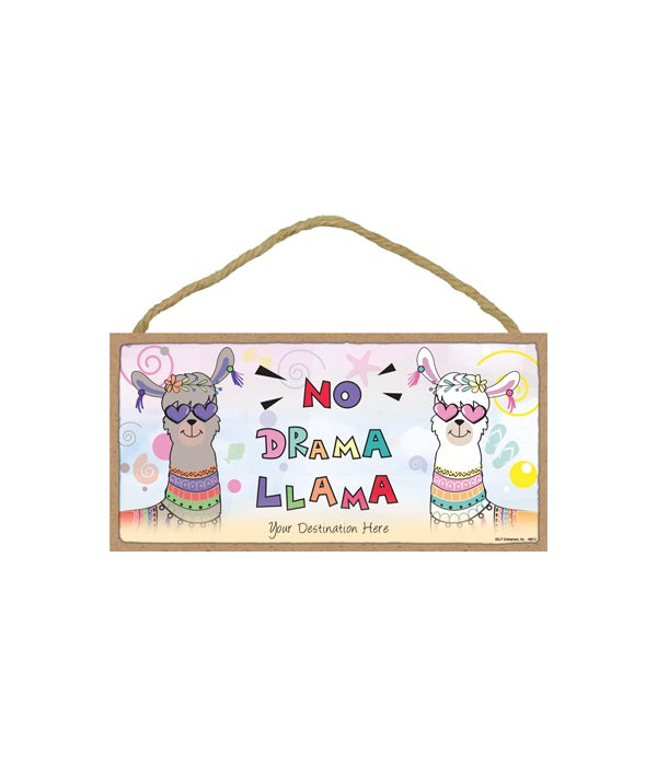No Drama Llama - Hippie Llamas w/ beach icons in bkgd 5x10 Wood Sign