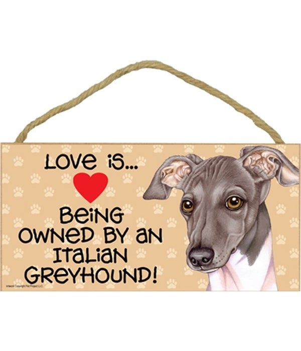 Love is being owned by an Italian Greyhound (grey and white color) 5x10 Sign