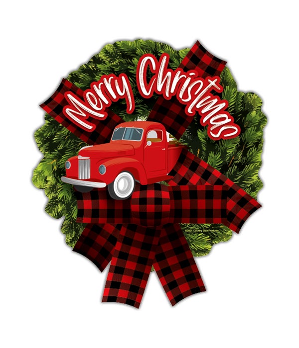 "MERRY CHRISTMAS" WREATH WITH RED PICKUP 13" X 15"