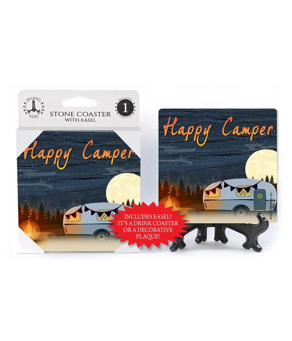 Happy Camper - Campfire next to camper -