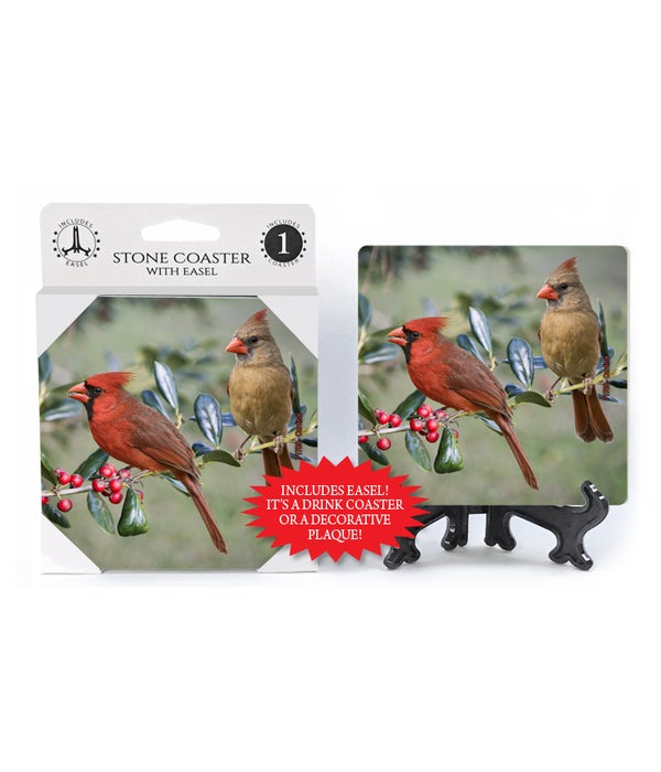 Cardinals-male and female with berries -1 pack stone coaster