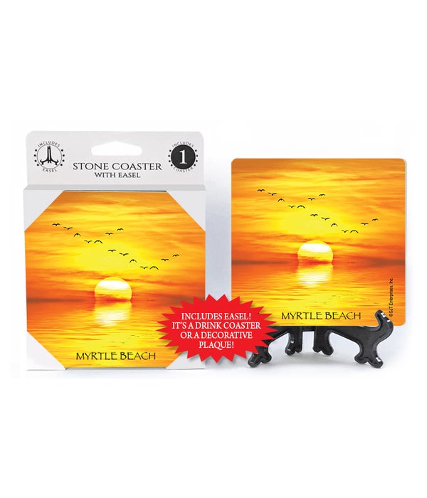 sunset over water with birds flying (orange and yellow colors)  Coasters 1 pack