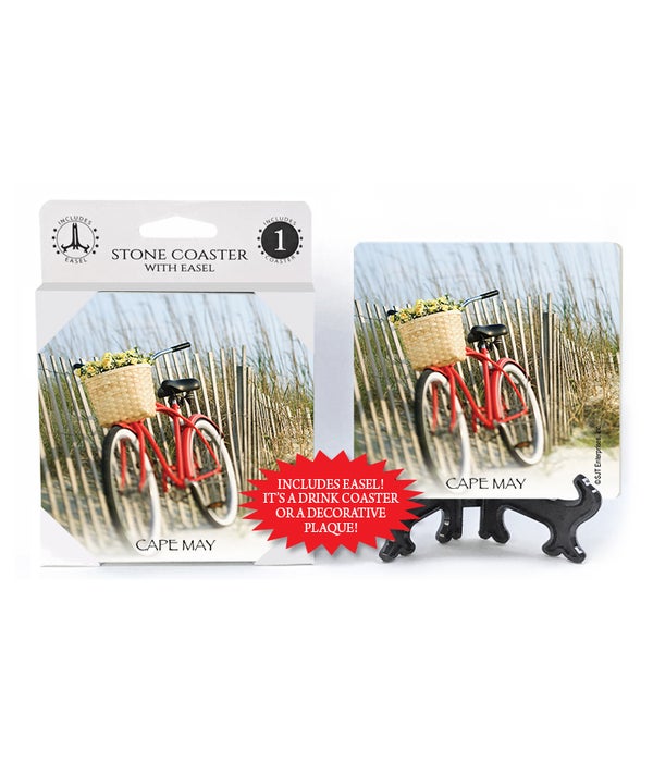 red bicycle with a basket of flowers leaning on beach fence  Coasters 1 pack
