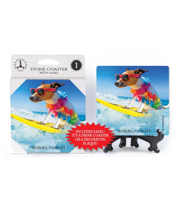 dog with sunglasses on surfboard  Coasters 1 pack