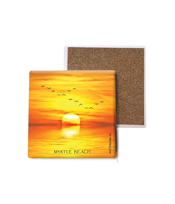 sunset over water with birds flying-Stone Coasters