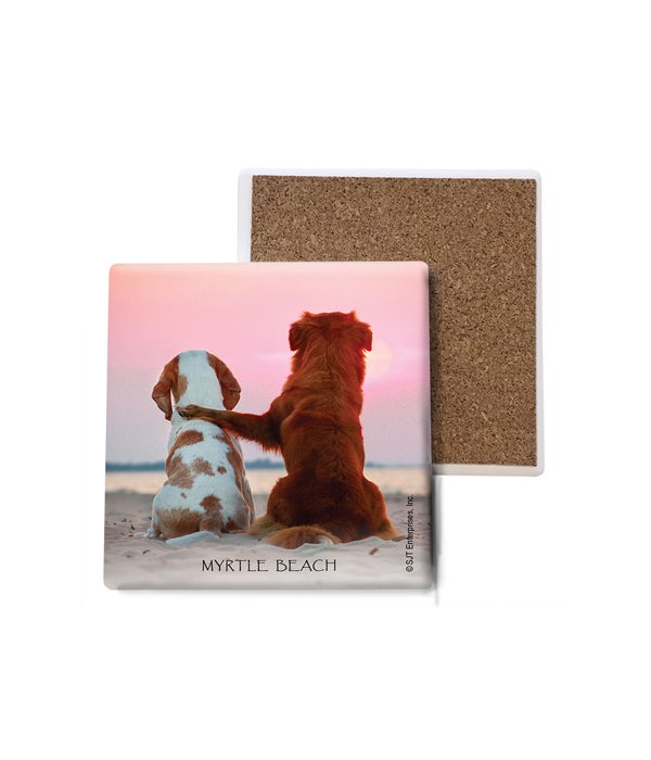 dog with leg on another dogs back on the beach-Stone Coasters