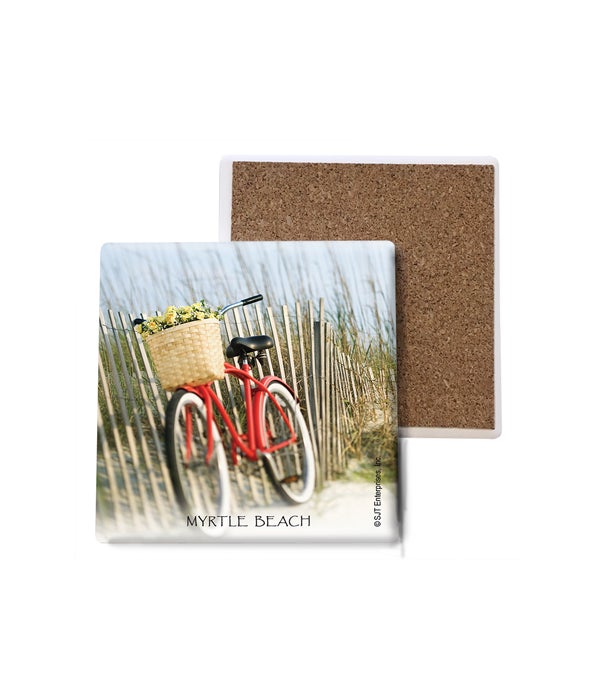 red bicycle with a basket of flowers leaning on beach fence-Stone Coasters