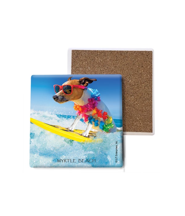 dog with sunglasses on surfboard-Stone Coasters