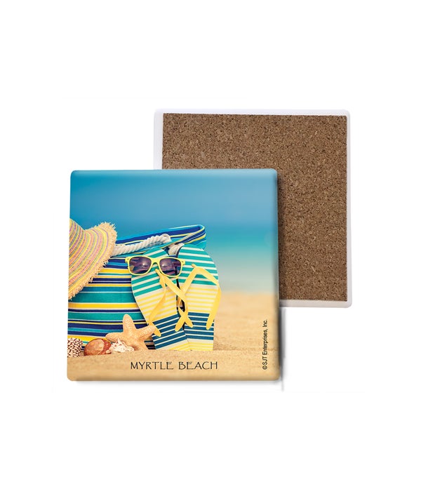 bag, flip flops, sunglasses, hat, and shells on the beach-Stone Coasters