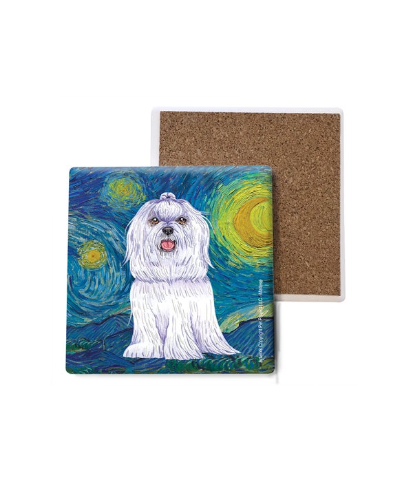 Van Gogh's Starry Night style - Maltese (with bow in hair) Coasters Bulk