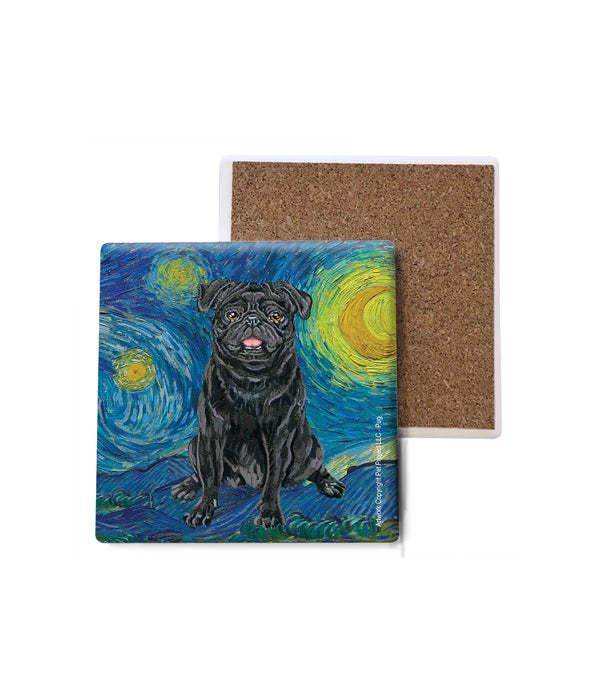 Van Gogh's Starry Night style - Pug (Black color) Coasters Bulk