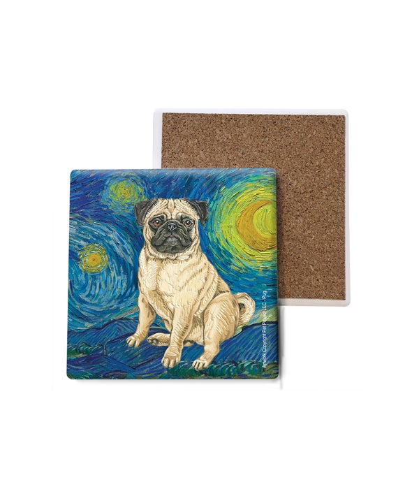 Van Gogh's Starry Night style - Pug (Brown/tan color) Coasters Bulk