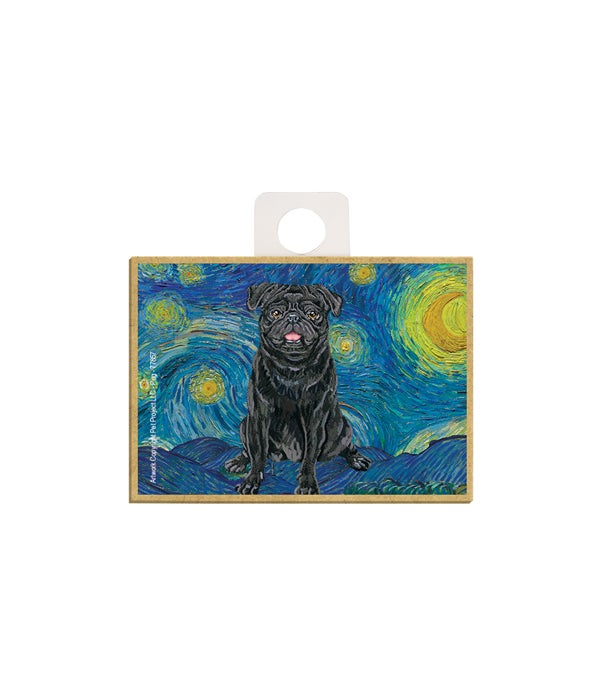 Van Gogh's Starry Night style - Pug (Black color) 2.5 x 3.5 wooden magnet