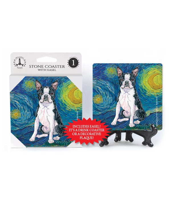 Van Gogh's Starry Night style-Boston Terrier 1 pack stone coasters