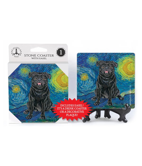 Van Gogh's Starry Night style - Pug (Black color) Coasters 1 pack