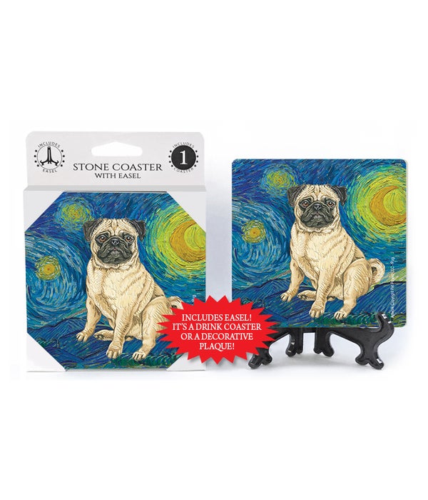 Van Gogh's Starry Night style - Pug (Brown/tan color) Coasters 1 pack