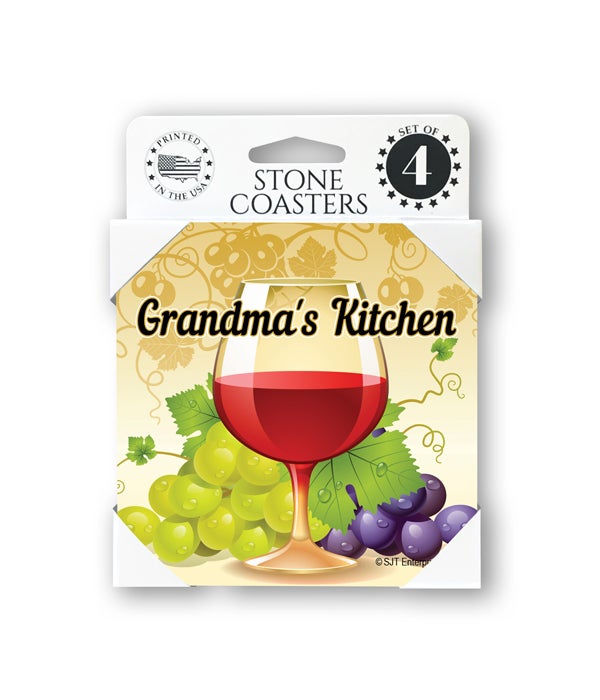 Grandmaâ€™s Kitchen (wine glass and grapes) Coasters 4 pack