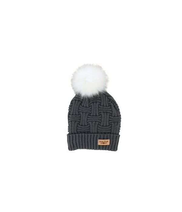 Gray Plush Lined Knit Hat w/Pom 2PC