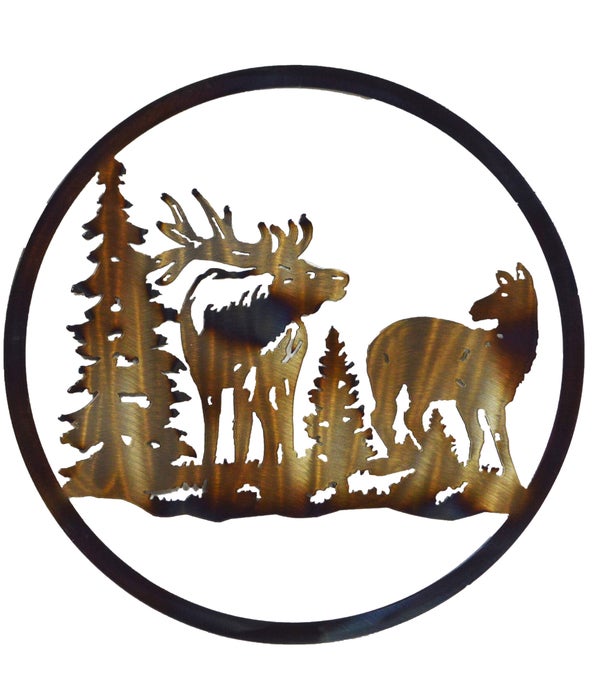 BULL ELK AND COW 12-IN Round Art