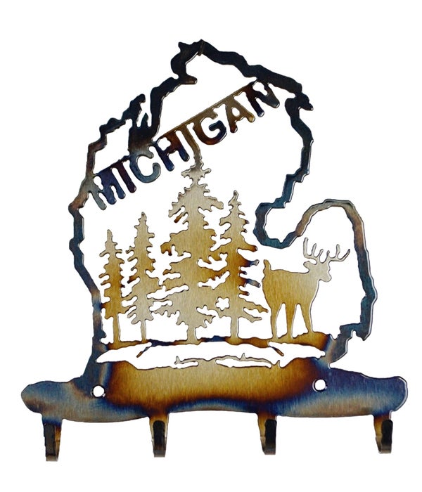 Michigan Mitten w/Deer 4 Hook Key Rack