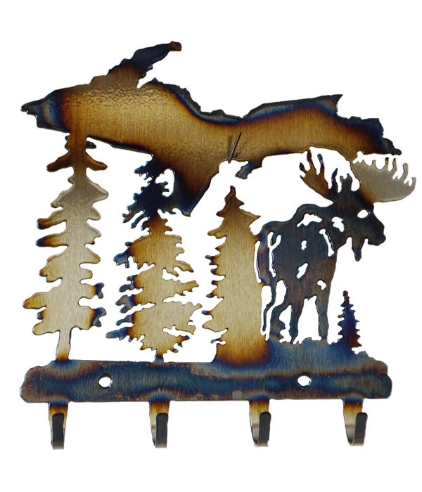 The Upper Peninsula with Moose 6.5x7 Inch 4 Hook Key Rack