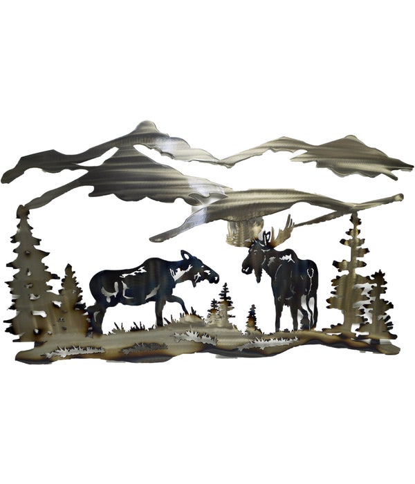 Bull & Cow Moose Mountain Scene Wall Art 36x12-Inch