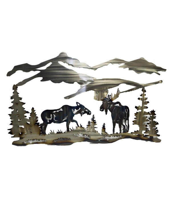 Bull & Cow Moose Mountain Scene Wall Art 36x18-Inch
