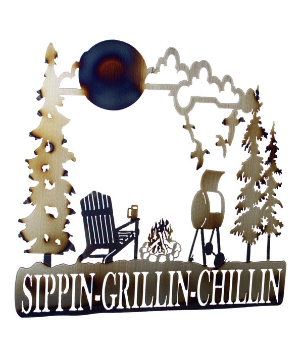 Sipping Grilling Mountain Scene Wall Art