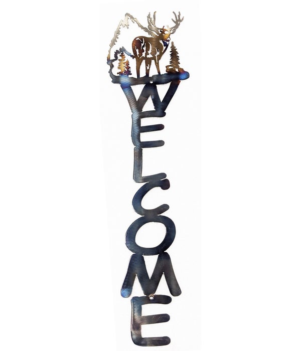 Deer with Rocks  23 x 5.5 Inch-Vertical Welcome Sign
