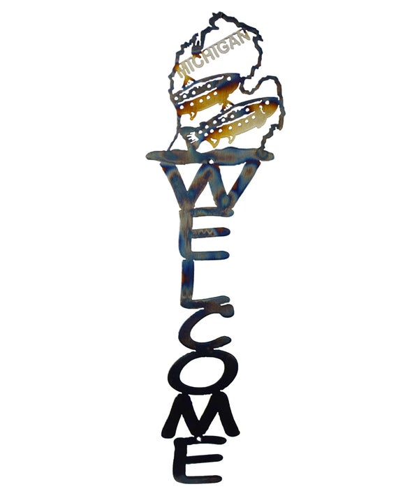 Michigan Mitten  w/Steelhead23 x 5.5 Inch-Vertical Welcome Sign