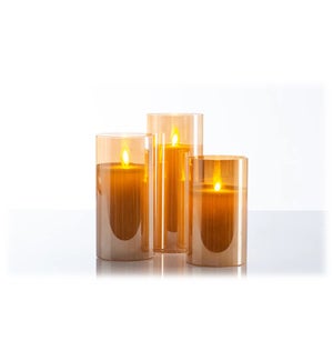 Cream LED Candles in Amber Glass Cylinders - Set/3