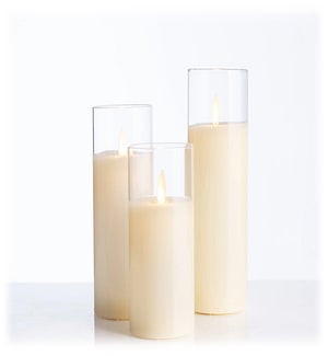 Cream LED Candles in Clear Glass Cylinders - Set/3