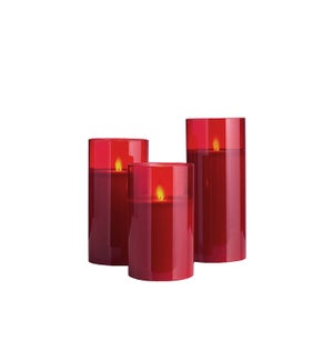 Red LED Candles in Red Glass Cylinders - Set/3