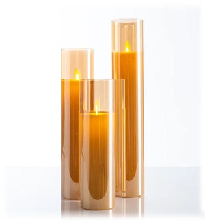 Cream LED Candles in Amber Glass Cylinders - Set/3