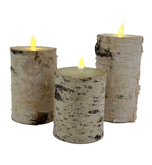 LED Candles in a White 'Birch Bark' Wrap - Set/3