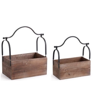 Planter Boxes With Metal Handle, Set of 2 - Brown and Metal