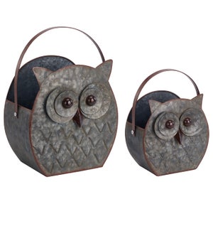 Galvanized Owl Planter with Handle - Metal - Set of 2
