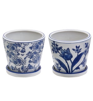 Floral Planter with Saucer - Blue/White - 4 3/4" W