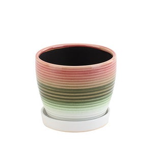 Ribbed Pot with Saucer - Tri Color Pink/Brown/White - 5" W