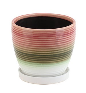 Ribbed Pot with Saucer - 3 Color Pink/Brown/White - 6"W