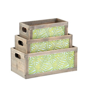 Palm Leaf Planter Box - Wood and Green Leaf Design - Set of 3