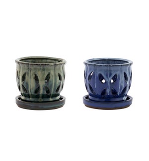 Small Orchid Pot - 2 Assorted - Green/Cream and Blue - 4 1/4" W