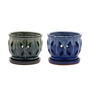 Large Orchid Pot - 2 Assorted - Green/Cream and Blue - 6 1/4" W