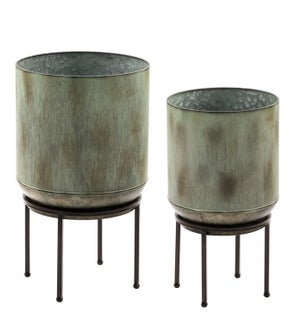 Vintage Pot Cover Stands - Brushed Green/Brown Metal - Set of 2