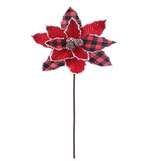 Buffalo Plaid Poinsettia Stem with Pinecones - Red/Black