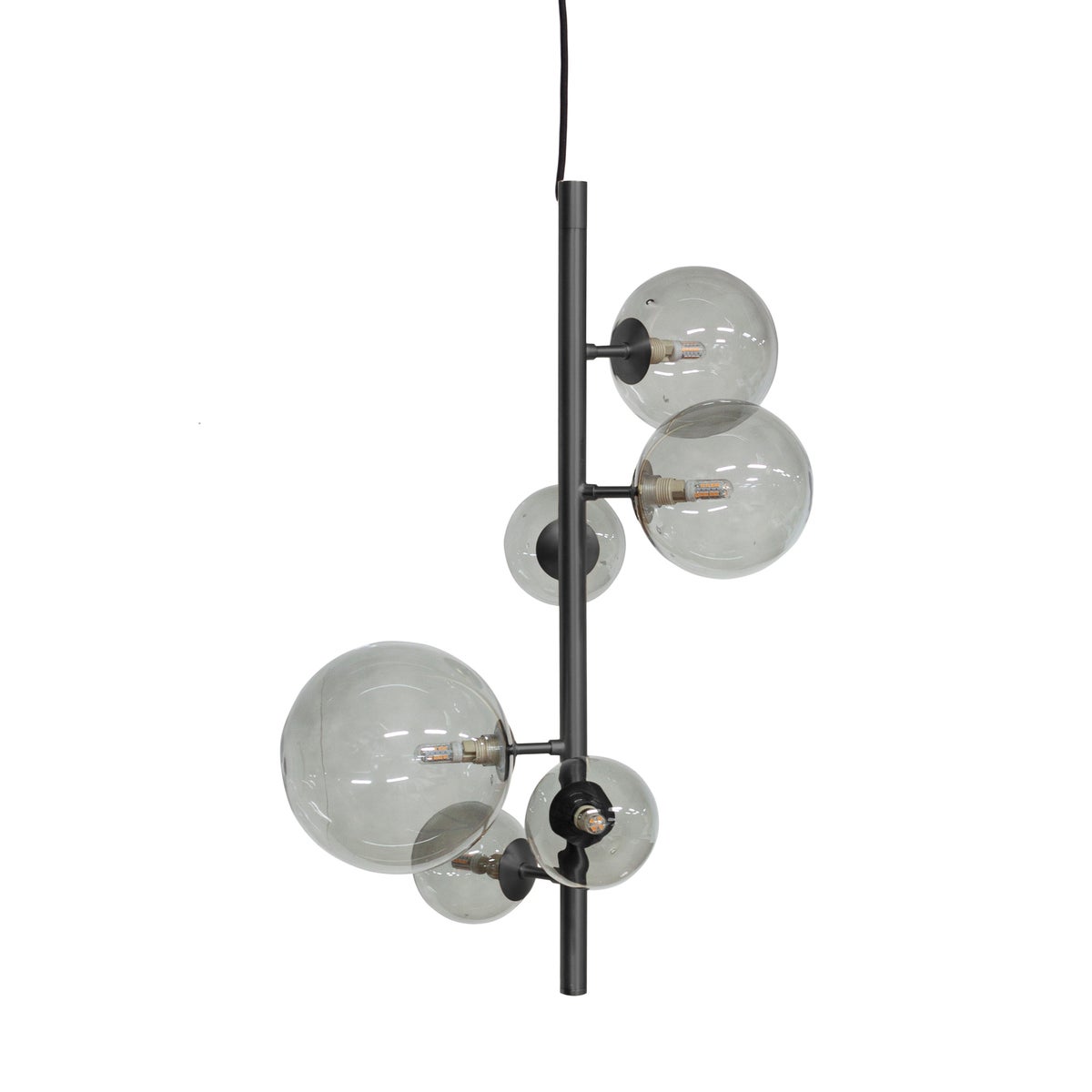 Pendant Black Metal W. 6 Smoke Glasses & Led Bulbs